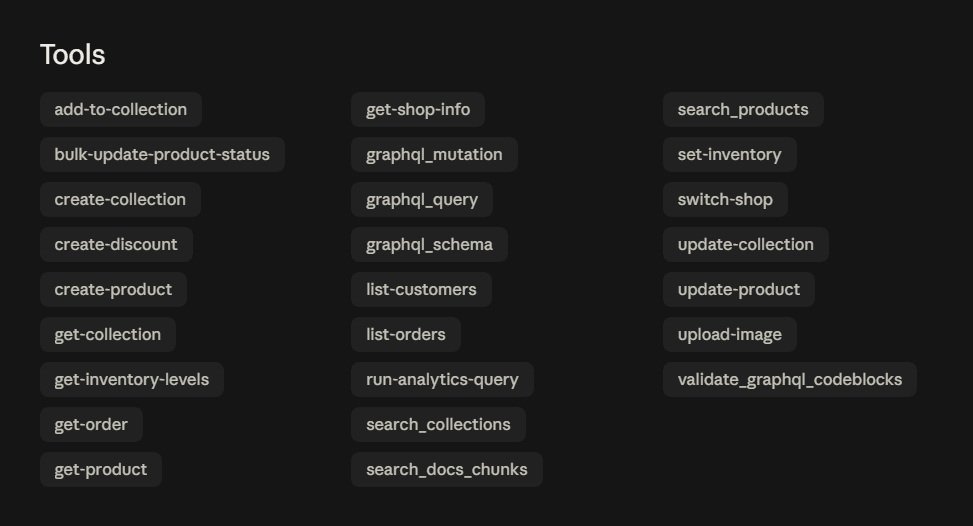 The Tools section on Claude's Shopify connector page, listing the Shopify actions available to Claude